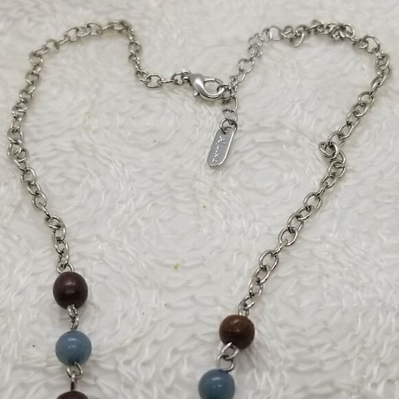 ALine Y Necklace Silver Drop Brown Blue Beaded Necklace - Picture 5 of 9